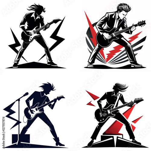 Silhouette of a guitarist playing on stage, dynamic rock concert theme, detailed instrument and pose, smooth vector lines