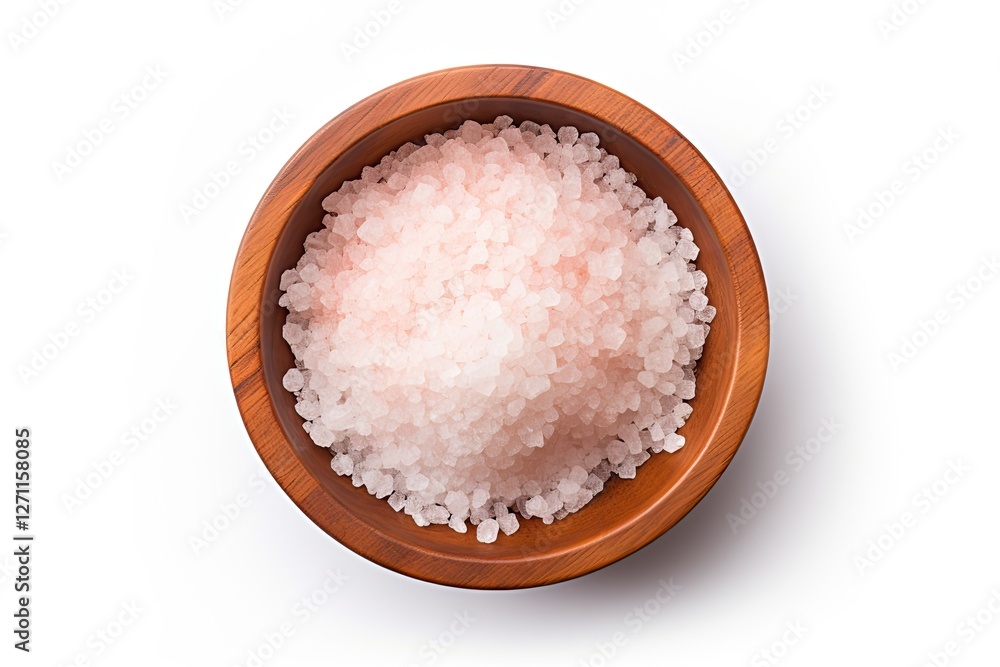 Top view of salt crystals on a wooden plate against a white background Top view of salt crystals on a wooden plate against a white background