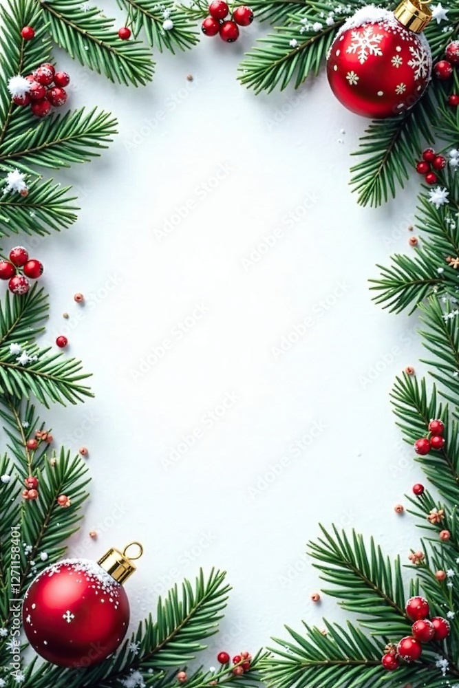 Snowy pine branch border with red berries and golden ornaments, snowflakes, holly Snowy pine branch border with red berries and golden ornaments, snowflakes, holly