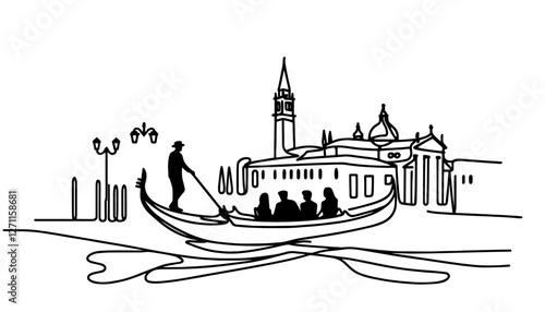 venice gondola with passengers and cityscape in line art minimalistic vector style