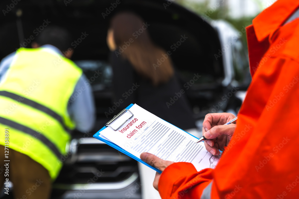 Obraz premium Car insurance agent man holding insurance document for car claiming 