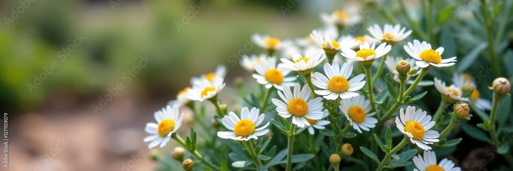 Santolina chamaecyparissus in full bloom with white flowers and yellow petals, santolina, Mediterranean, silvery foliage Santolina chamaecyparissus in full bloom with white flowers and yellow petals, santolina, Mediterranean, silvery foliage