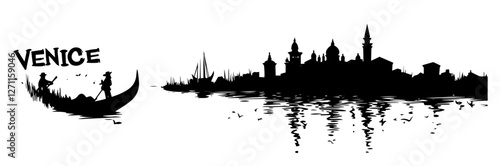 venice skyline with gondola reflection in silhouette black vector