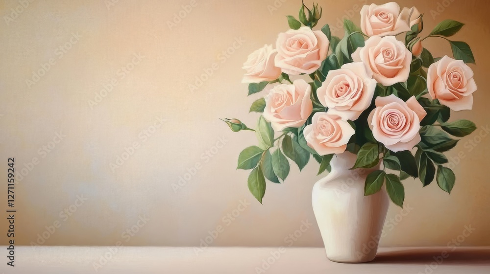 A beautiful bouquet of soft pink rose in a white vase against a warm, pastel background A beautiful bouquet of soft pink rose in a white vase against a warm, pastel background