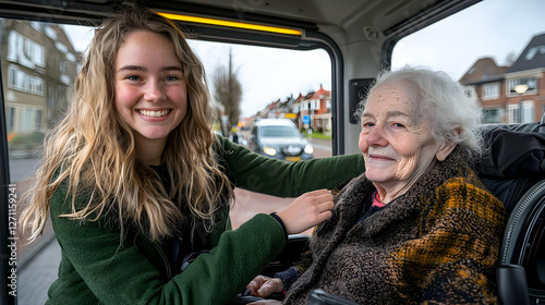 Young caregiver assists elderly woman on bus ride
