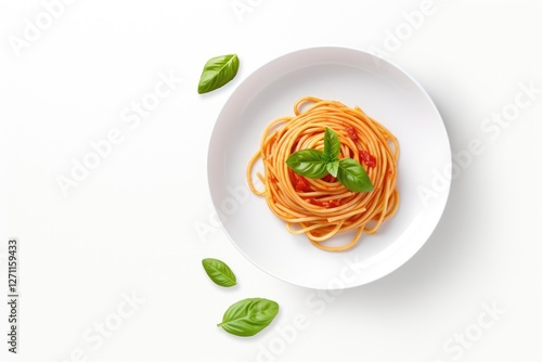 Wallpaper Mural Top view of spaghetti or pasta with tomato sauce fresh basil on a white plate isolated fork Torontodigital.ca
