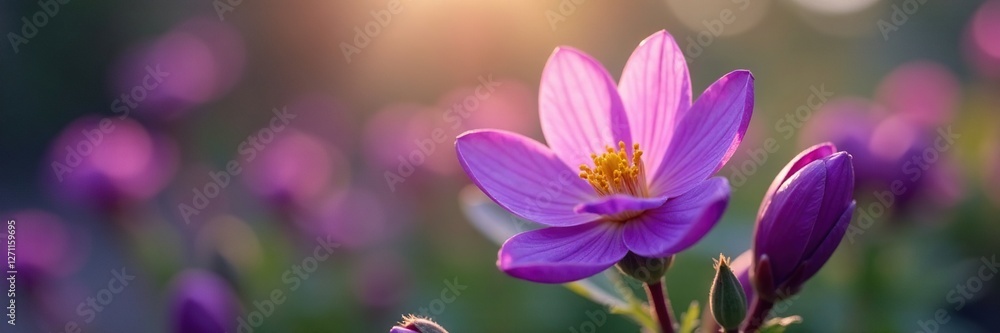 Radiant purple blooms bursting forth from tight bud shells, blooming, springtime, expanding Radiant purple blooms bursting forth from tight bud shells, blooming, springtime, expanding