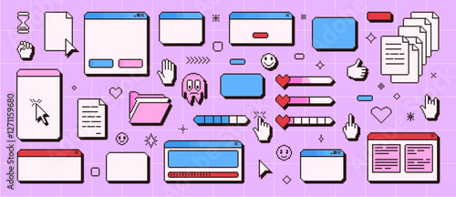 Retro windows interface in pixel art. 8 bit browser and popup elements with pointers cursors, arrow and sparkles. Pixel screens in retro 90s style. Ui message borders y2k figures. Vector illustration.