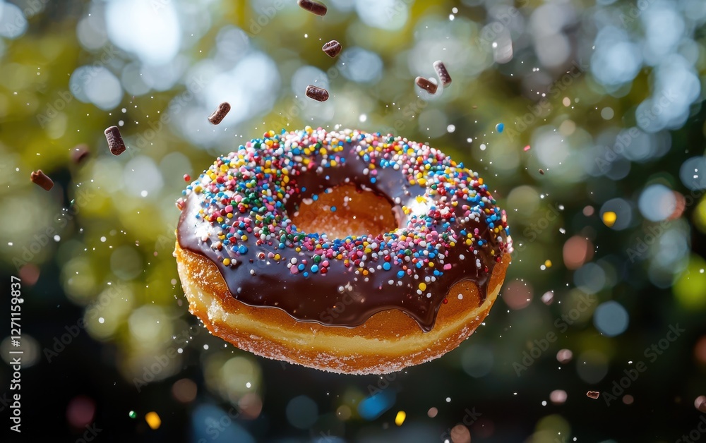 A donut tossed up, with chocolate glaze and sprinkles flying around A donut tossed up, with chocolate glaze and sprinkles flying around
