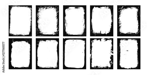 Grunge frames set templates. Ink paint border with rough edges for poster and banner. Retro textured overlays. Rectangular old black abstract flyer backgrounds. Vector design illustration.