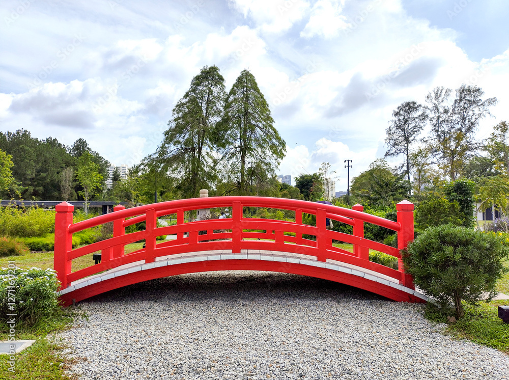 Wooden bridge at the Japanese Garden in Jurong East, Singapore. Wooden bridge at the Japanese Garden in Jurong East, Singapore.