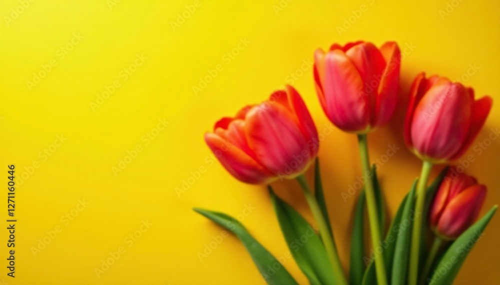 Tulips on yellow background with sunlight entering from the side, rays, petals Tulips on yellow background with sunlight entering from the side, rays, petals