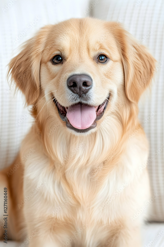 Cute golden retriever dog is sitting on white sofa in a bright living room Cute golden retriever dog is sitting on white sofa in a bright living room
