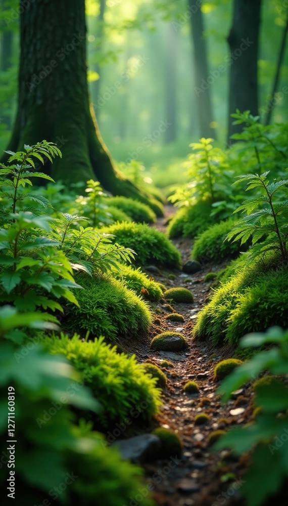 Trampled grass and moss in a shaded forest glade amidst ferns, greenery, vegetation Trampled grass and moss in a shaded forest glade amidst ferns, greenery, vegetation