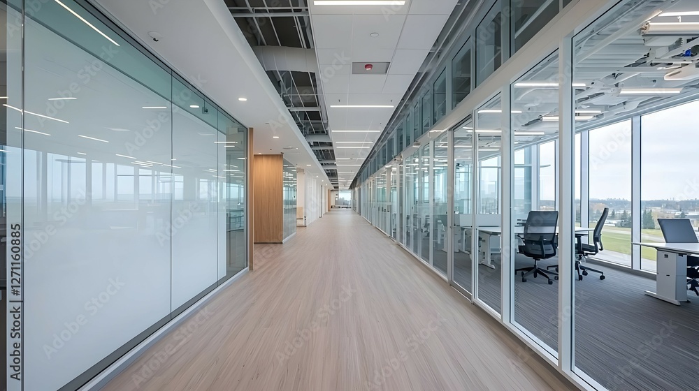 Obraz premium Modern Office Corridor with Glass Walls and Wood Floors