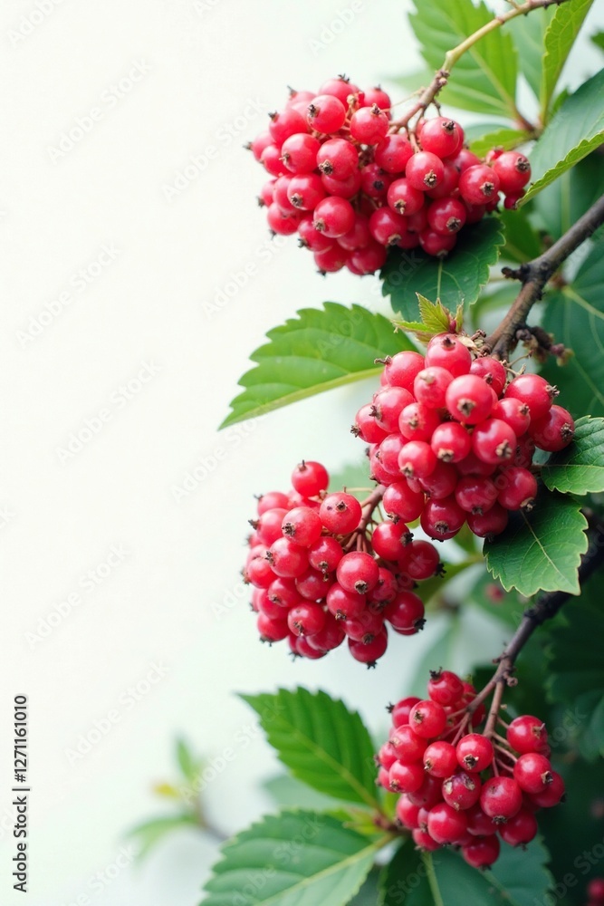 Fototapeta premium White background with viburnum berries in clusters, greenery, foliage