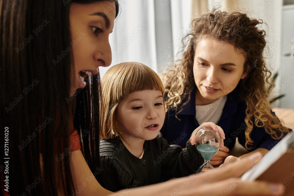 Two mothers and their daughter enjoying quality time in a cozy modern apartment Two mothers and their daughter enjoying quality time in a cozy modern apartment