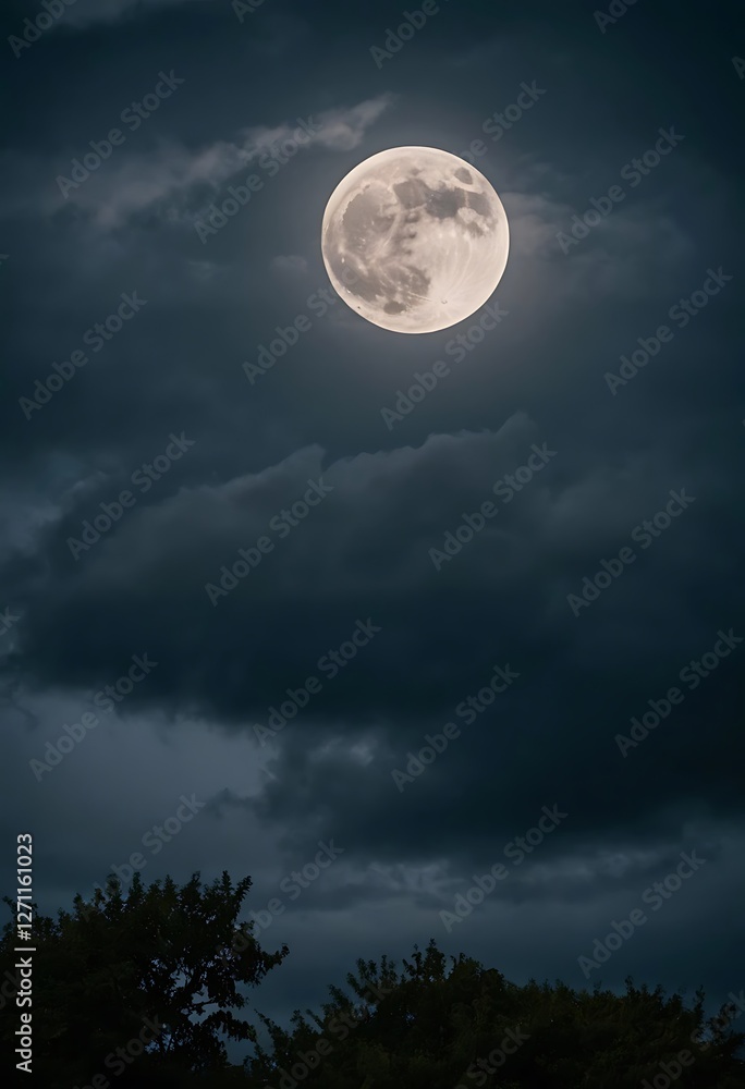 Dramatic full moon night scene with dark clouds and tree silhouettes Dramatic full moon night scene with dark clouds and tree silhouettes
