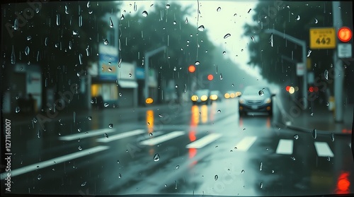Wet rainy scene depicting drizzling rain and reflective surfaces. The image incorporates a dusty, scratched, scanned old film texture with added retro toning photo effects