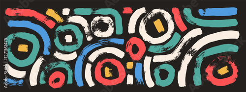 Brush stroke squiggle and circles ink lines. Vector hand drawn wave round paint shapes decoration. Abstract tribal curve graphic. Folk scribble paintbrush wobble grunge background illustration.