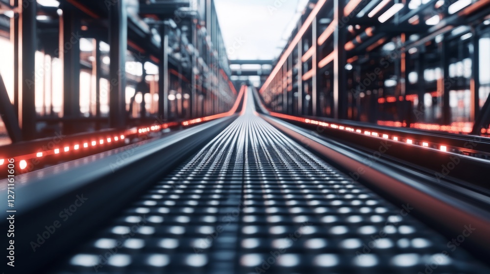 Futuristic Industrial Escalator Design in Perspective View. Modern Metal Escalator with Red Lights. Industrial Building Architecture. Futuristic Industrial Escalator Design in Perspective View. Modern Metal Escalator with Red Lights. Industrial Building Architecture.