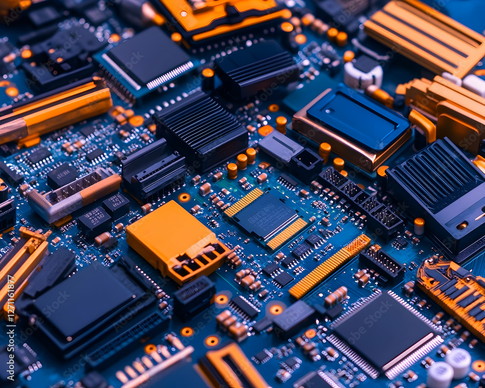 Detailed close-up of motherboard chips, circuits in a computer for tech industry use Detailed close-up of motherboard chips, circuits in a computer for tech industry use