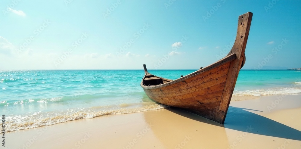 Wooden boat partially submerged in calm waters on a sandy shore, wooden boat, driftwood Wooden boat partially submerged in calm waters on a sandy shore, wooden boat, driftwood
