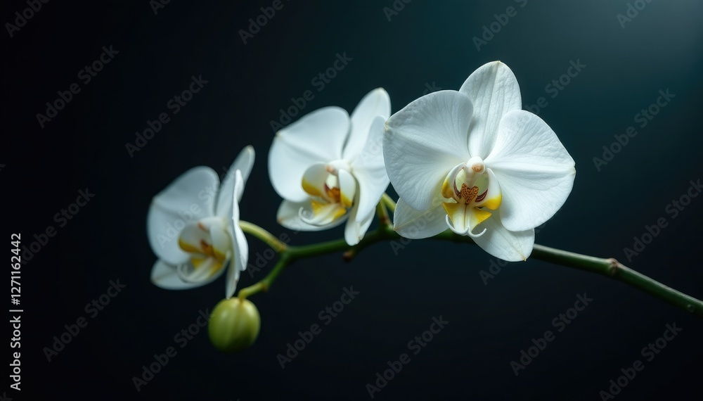 Fototapeta premium White orchid branch against the dark mysterious, shadow, mysterious, clean