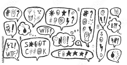 Speech bubbles with swear words. Curse crayon doodle text. Bad feeling expression on chat dialog boxes. Aggressive insult isolated on white background. Haters signs. Vector hand drawn illustration.
