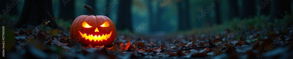 Fototapeta premium A pumpkin lantern glows with an otherworldly light amidst the forest foliage, pumpkin, dark