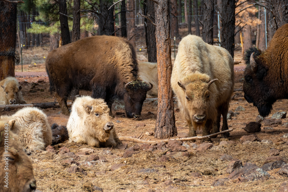 Herd of of White bisons buffalos (Bison bison) in Bearizona Wildlife Park, Williams, Arizona USA