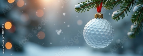 White golf ball ornament hanging from a red ribbon in winter branch, Christmas tree, Holiday decor