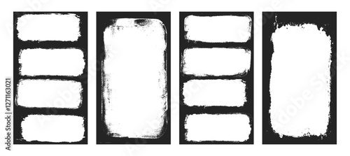 Grunge photo frames set templates. Ink paint border with rough edges for social media post banner. Retro textured overlays. Rectangular old black flyers on transparent background. Vector illustration.