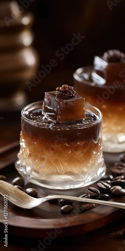 Japanese Kohi Jelly, elegantly layered with translucent brewed coffee jelly and smooth, chilled coffee. photo