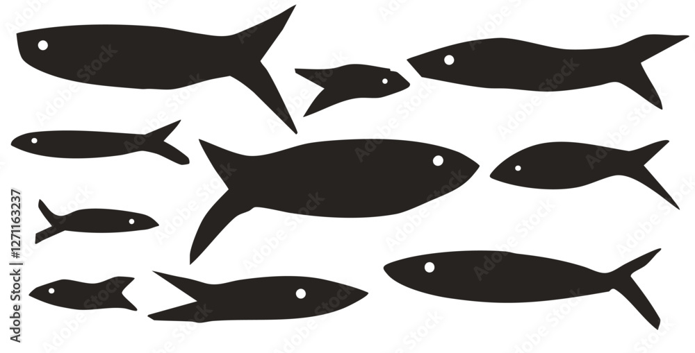 Fototapeta premium Fish set. Sardines school collection. Salmon silhouettes. Undersea animals. Vector hand drawn cutout collage elements illustration.