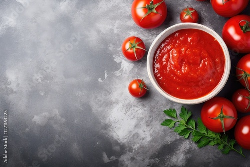 Top view of tomato ketchup sauce in a bowl on grey concrete with tomatoes nearby