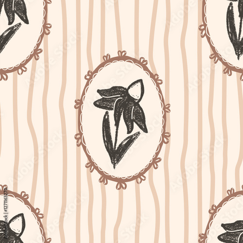 Flowers seamless pattern. floral stencil on vintage frames allover background. Coneflower or daisy in oval border. Vector hand drawn monochrome illustration.
