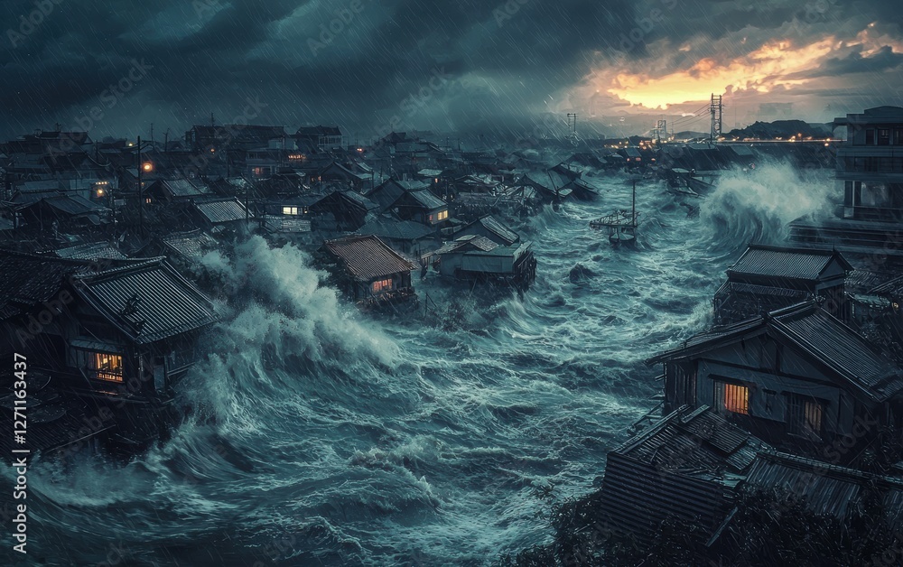 Fototapeta premium A fishing village being engulfed by a powerful tsunami