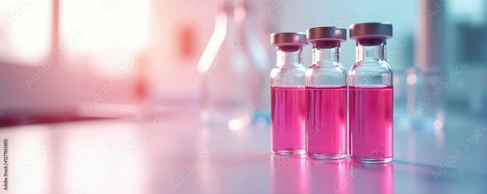 Three vials of pink liquid on lab table surface. Sterile pharmaceutical research of biosimilars, cell culture media innovations for therapeutic treatment, health care. Advanced biotech, science Three vials of pink liquid on lab table surface. Sterile pharmaceutical research of biosimilars, cell culture media innovations for therapeutic treatment, health care. Advanced biotech, science
