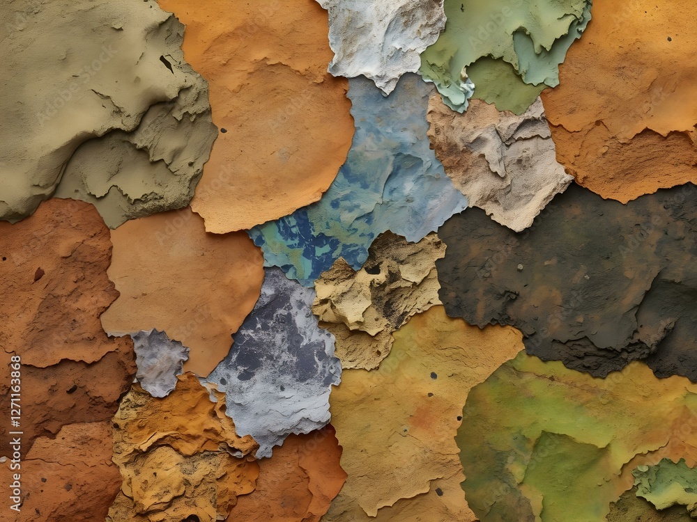 Fototapeta premium Textured Terrain Mosaic: A close-up shot revealing a dynamic and textured mosaic composed of irregularly shaped pieces in a variety of earth-toned colors, creating an artistic, abstract pattern.