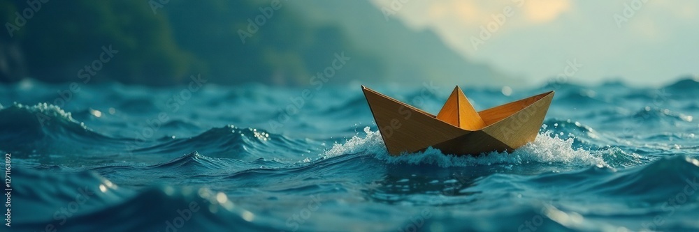A single paper boat rides on the surface of turbulent water, wooden boat, paper craft, stormy sea A single paper boat rides on the surface of turbulent water, wooden boat, paper craft, stormy sea