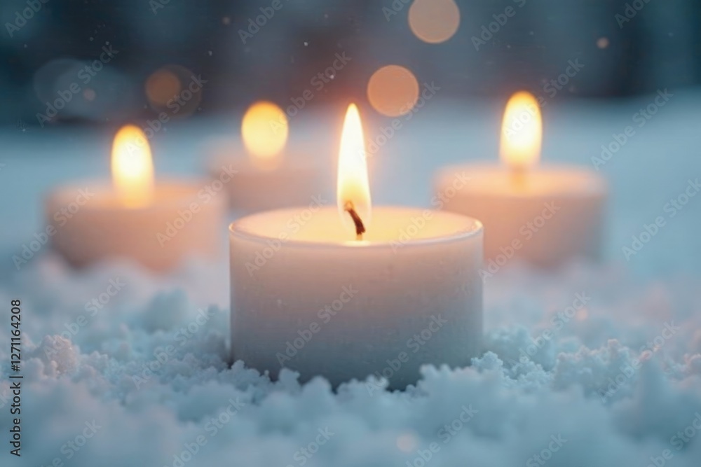 Softly glowing white tea light candle on a snowy surface, white background, candles Softly glowing white tea light candle on a snowy surface, white background, candles