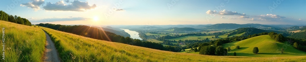 Obraz premium Panorama des Unstrut Radwegs mit vielen Weinbergen, Wiesen und Feldern, Sonnenschein und Wolken, Radweg, Wiesen