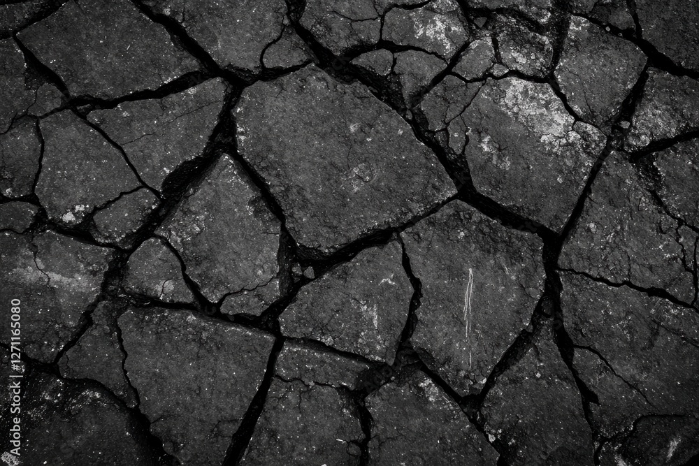 Obraz premium Cracked Asphalt and Broken Rocks Texture in Black and White