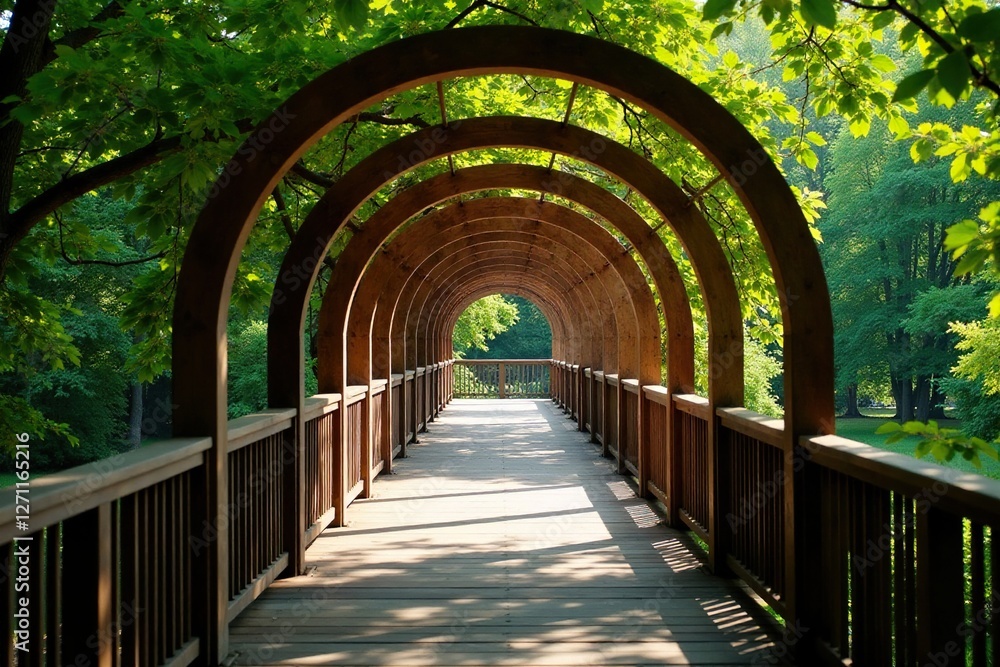 Fototapeta premium Wooden arches with metal railings under trees, serene, railings