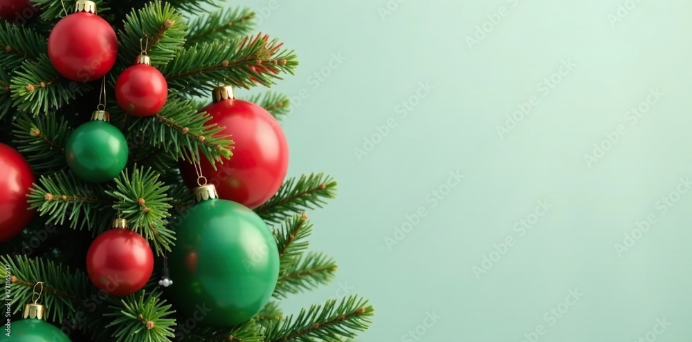 Red and green balloons tied to a Christmas tree, balloon ties, green balloons Red and green balloons tied to a Christmas tree, balloon ties, green balloons