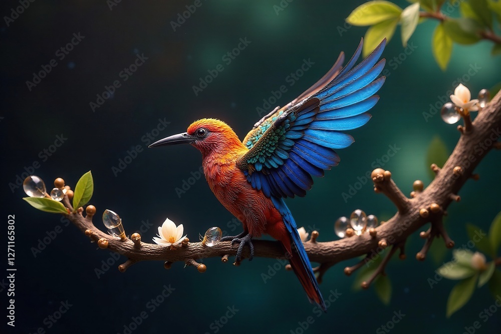 Fototapeta premium Exotic feathers and shimmering crystals decorate an unusual branch, ornamental, exotic decor, branch