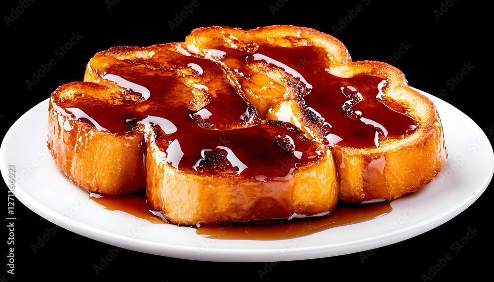 French toasts dessert, syrup poured for sweet treat. For restaurant menu