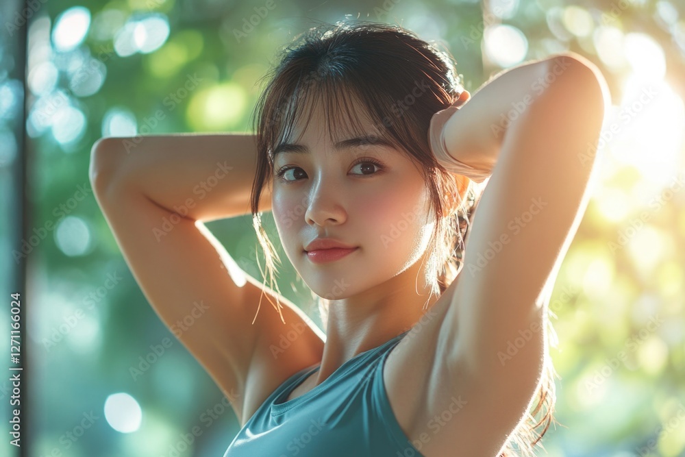 A woman poses for a photo wearing a blue tank top A woman poses for a photo wearing a blue tank top