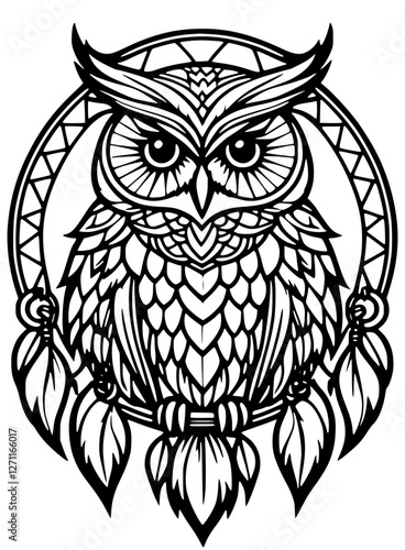 Owl sitting on a dreamcatcher. The owl has two pointed brows and large round eyes. It has fluffy feathers and the base of the dreamcatcher has beautiful feathers too. 